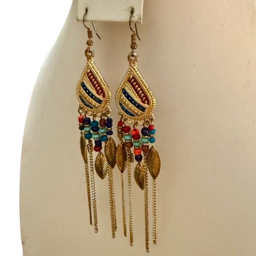 Boho Bohemian Style Beaded Gold Tone Dangly Earrings - Picture 7 of 7
